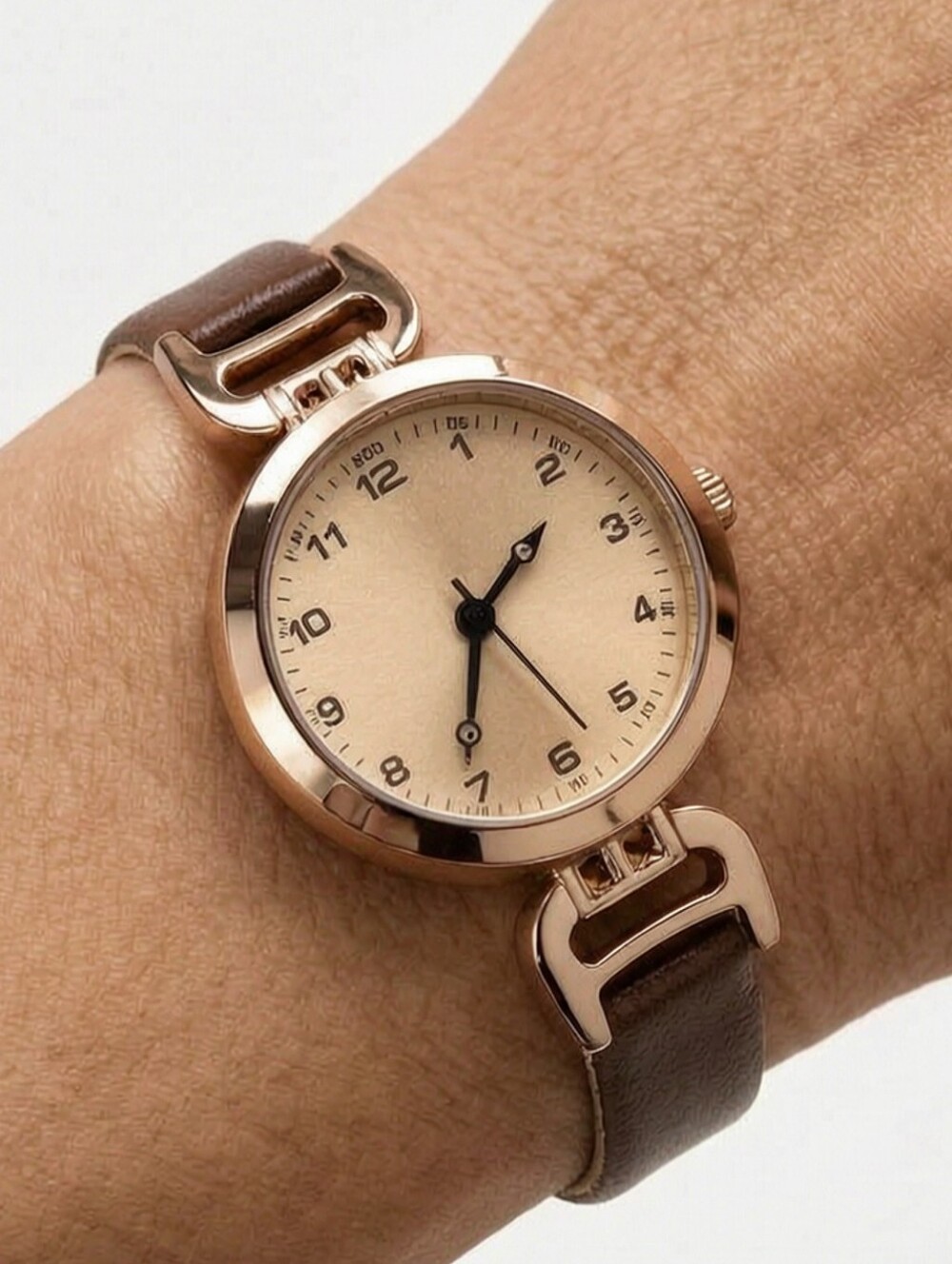 Rose Gold Case Watch with Brown Leather Strap